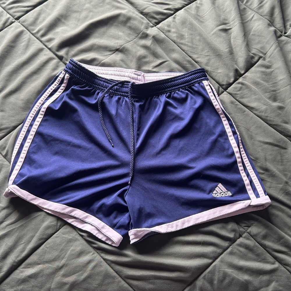 Adidas Blue and White Athletic Shorts with Iconic Stripes